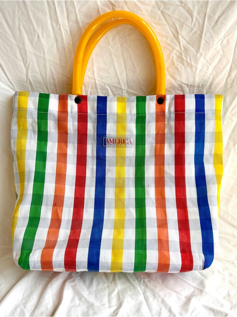 Perry Ellis America Multicolor Stripe Tote Bag with Yellow Handles Vintage